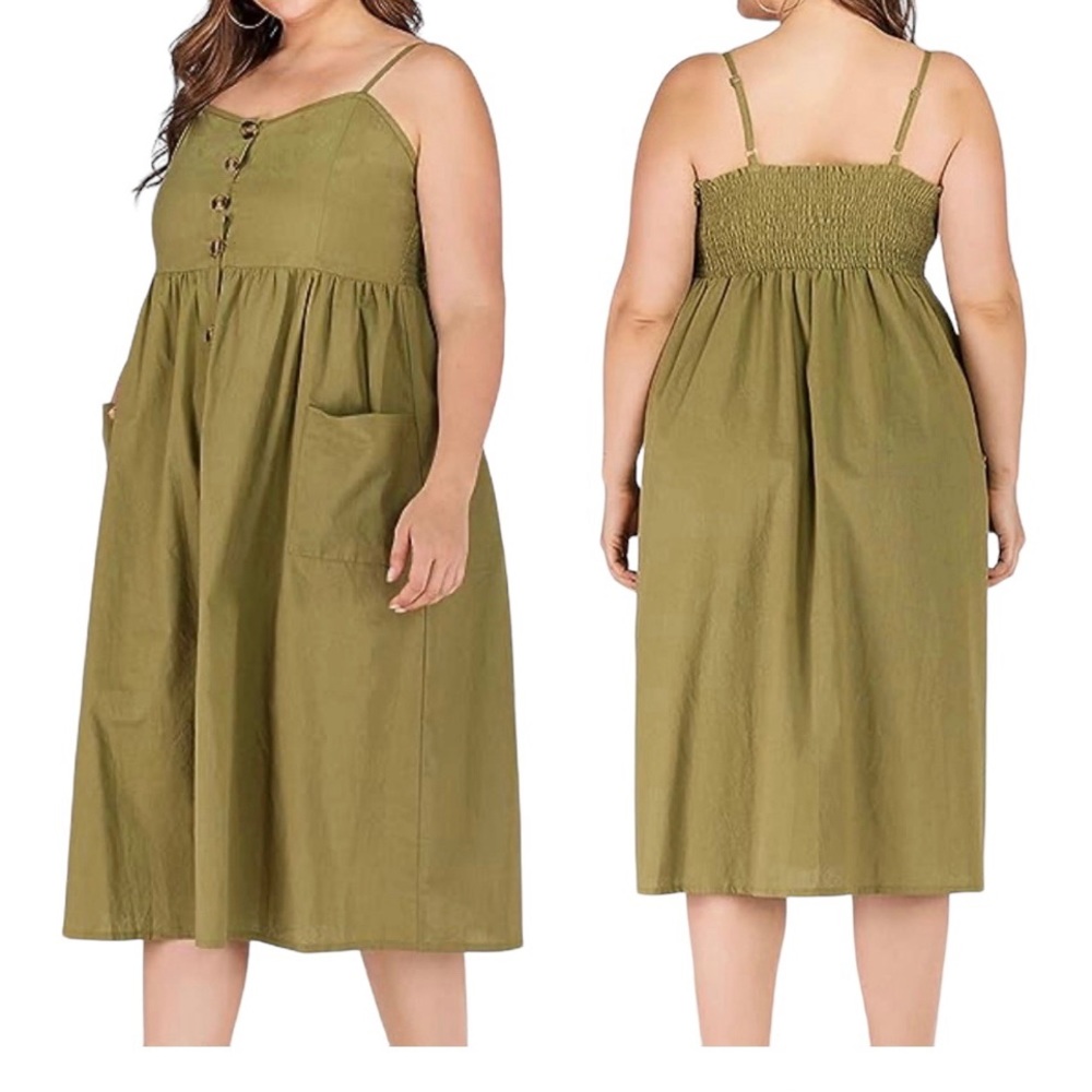 Olive Green Button Down Spaghetti Strap Midi Dress With Pockets Medium
